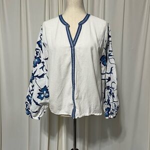 Calypso St. Barth White Blouse with Blue Embroidery
